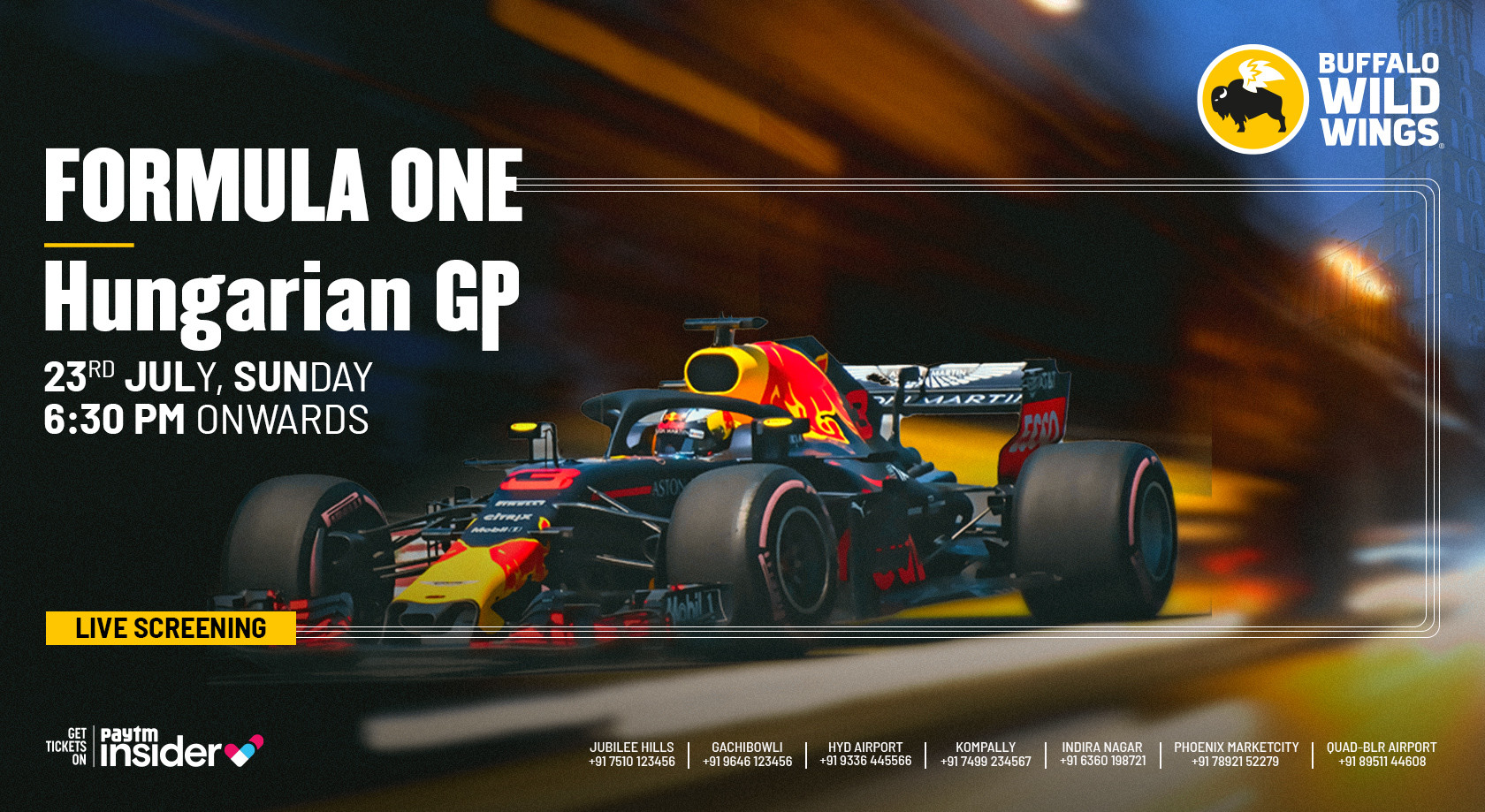 Formula One Hungarian GP Live Screening at BWW Jubilee Hills 23rd July, Sunday